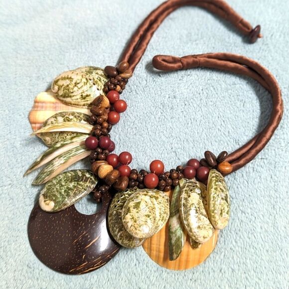 Vintage Artisan Made Natural Shells and Seeds Necklaces on a Satin Cord - Picture 1 of 14